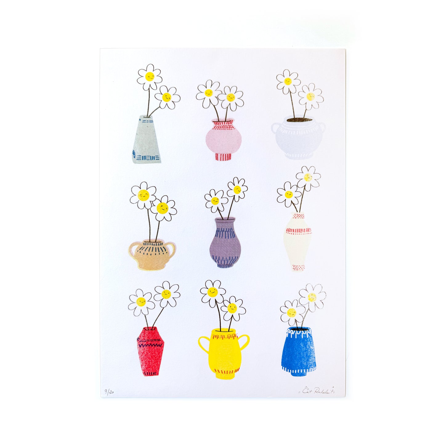 Cat Rabbit - Daisies in Vases Limited Ed. Risograph
