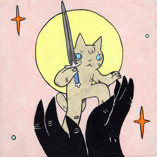 Deth P. Sun - Cat with Sword and Full Moon Being Held by Giant Hand