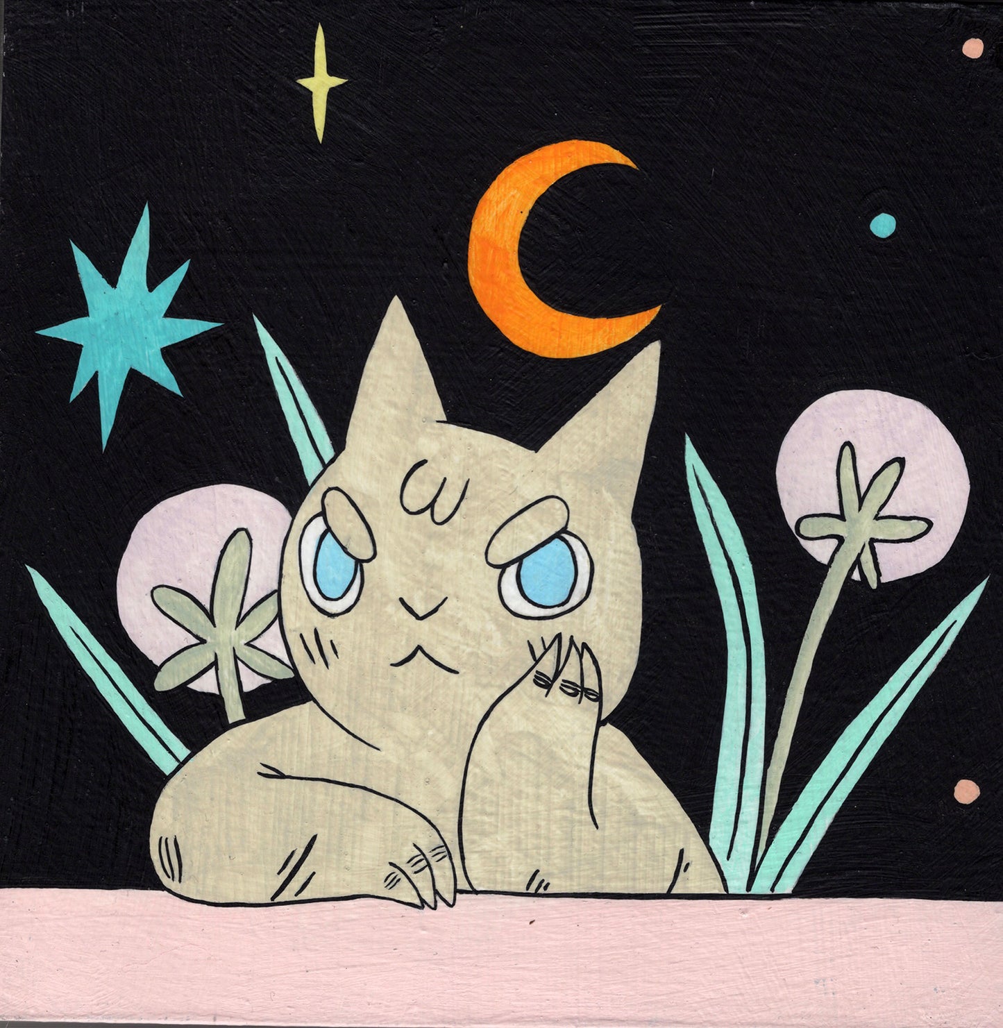 Deth P. Sun - Contemplating Cat with Giant Dandelions and Crescent Moon