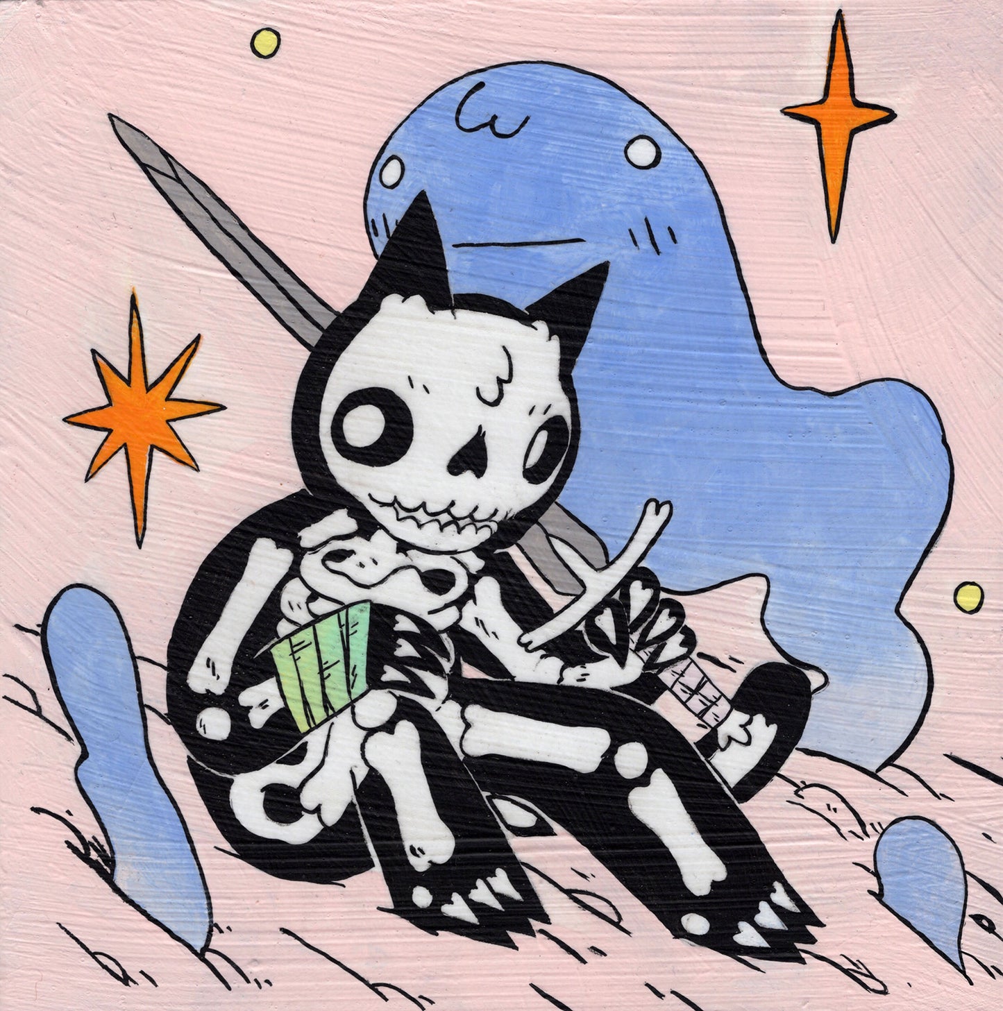 Deth P. Sun - Skeleton Cat with Sword and Ghost