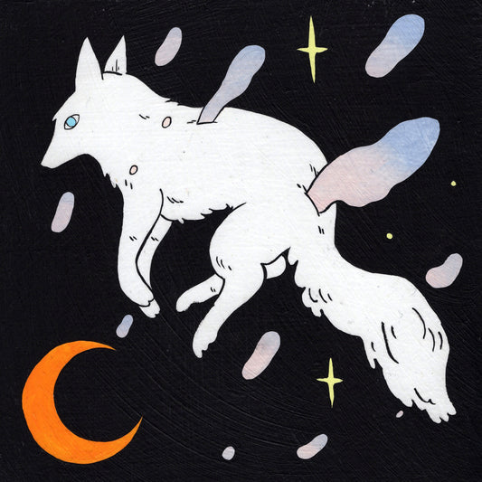 Deth P. Sun - White Wolf Floating with Crescent Moon